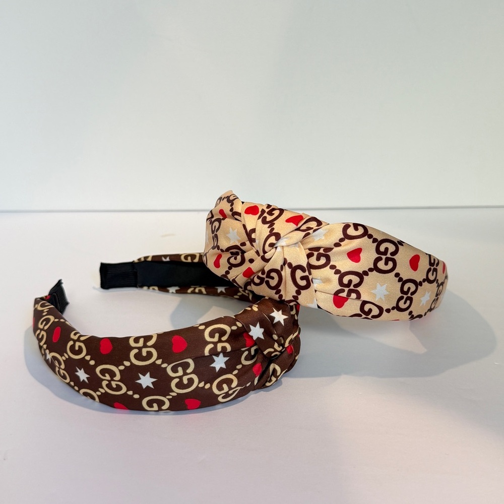 Knotted Satin Headband - Brown and Beige with Red Accent - Picture 4 of 6